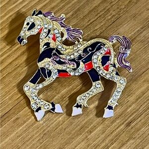 Carousel pony in black/red enamel with purple mane/tail and rhinestones 1 3/4”